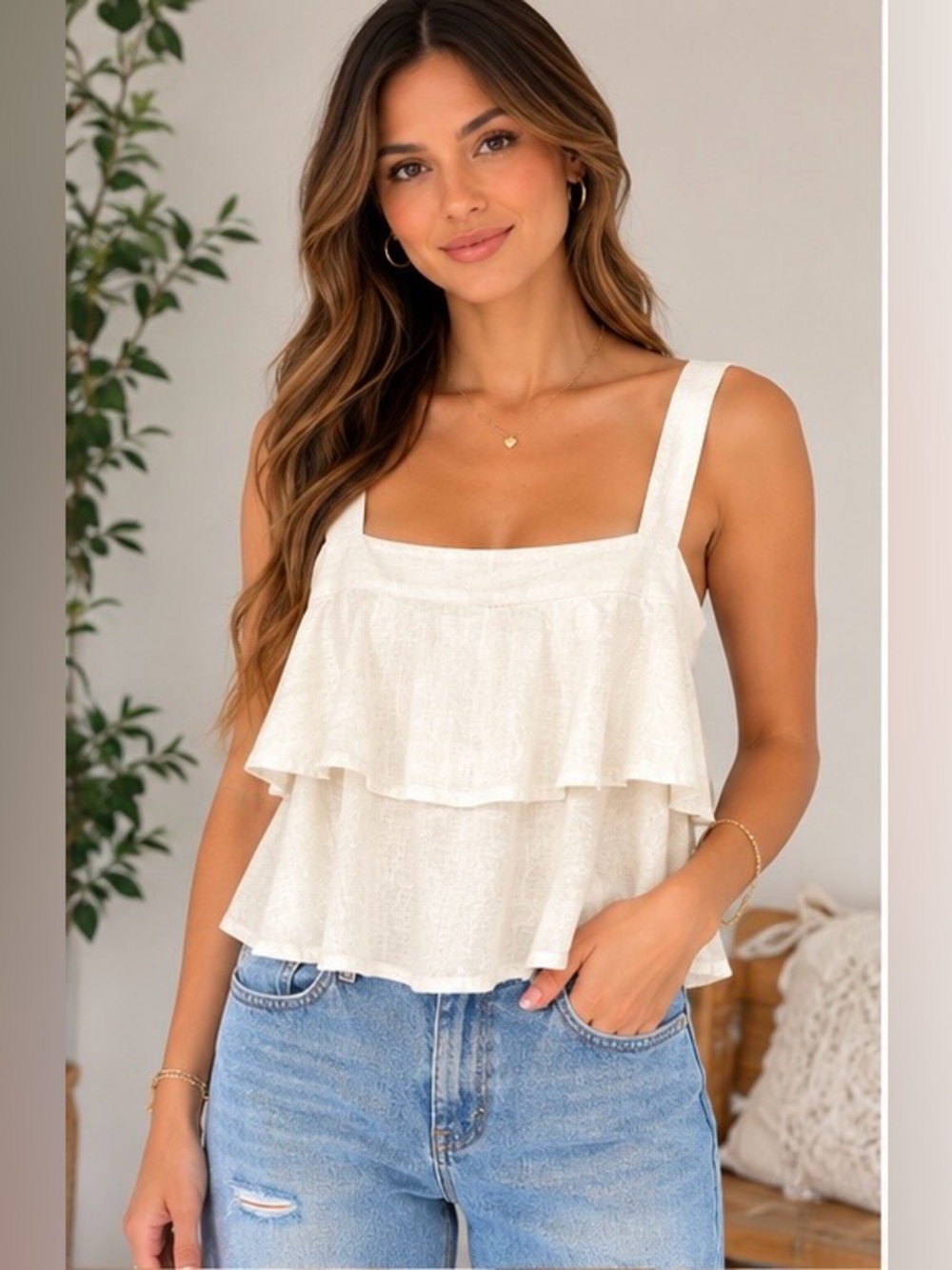 Abound White Linen Blend Tiered Ruffle Tank Top Size Small NWT